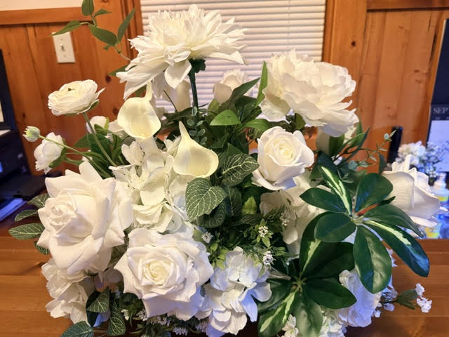 Enchanted Centerpiece showing full height with dahlias and ranunculus