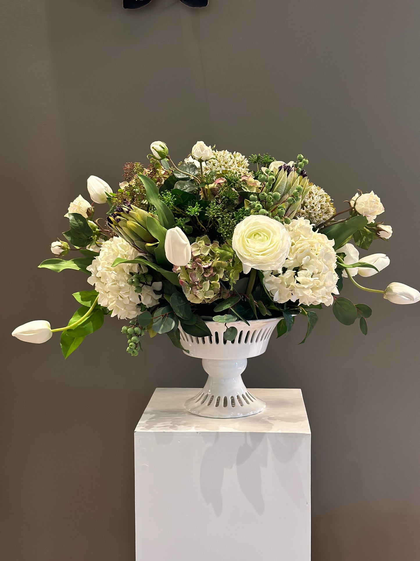White & Green Floral Arrangement in Classic Pedestal Vase- Large stationary arrangement