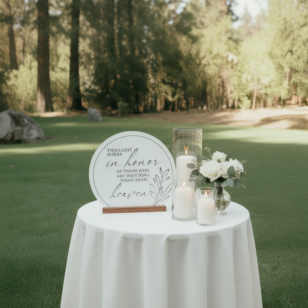 In Memory Sign Rental with Candle on white linen side table at outdoor wedding with white pillar candles in glass hurricane vases and white rose bud arrangement in crystal vase, soft natural light and forest backdrop | Reno, Lake Tahoe & Sacramento