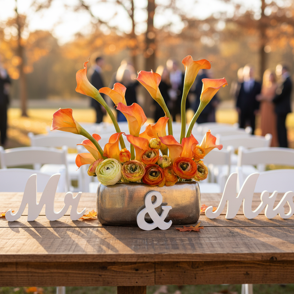 Orange Calla Lily centerpiece rental with orange calla lilies and ranunculus in silver metallic vase on rustic wood farm table at outdoor fall wedding reception with golden hour light | Reno, Lake Tahoe & Sacramento