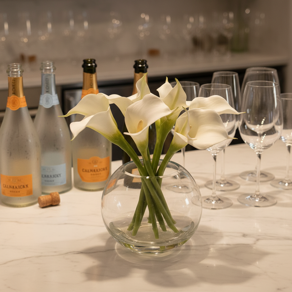 White Calla Lily centerpiece rental in round glass bubble vase on elegant wedding bar top with marble surface and champagne bottles and glassware in background | Reno, Lake Tahoe & Sacramento