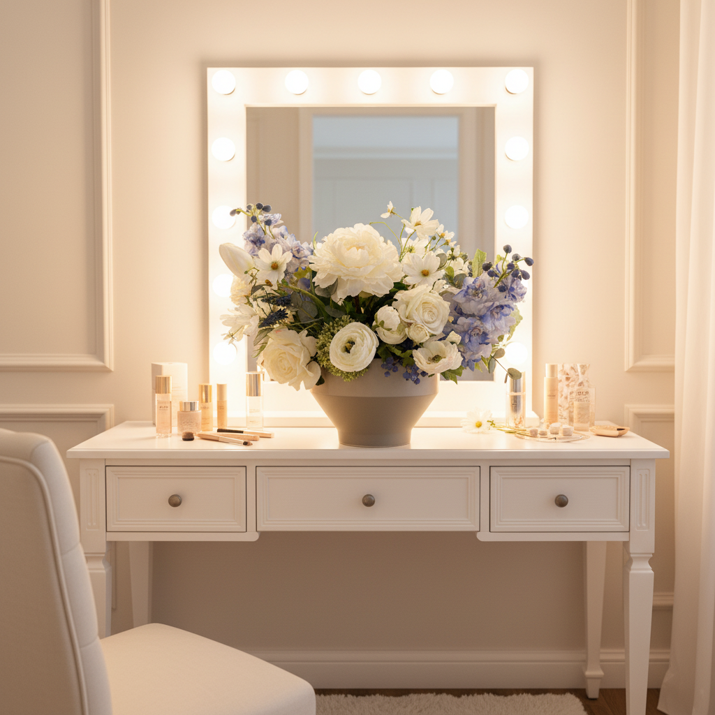 Blue Sunshine centerpiece rental with white peonies, blue hydrangea, blue delphinium, white garden roses, and white cosmos in gray bowl vase on makeup vanity with Hollywood mirror and warm bulb lighting in bridal getting-ready room | Reno, Lake Tahoe & Sacramento
