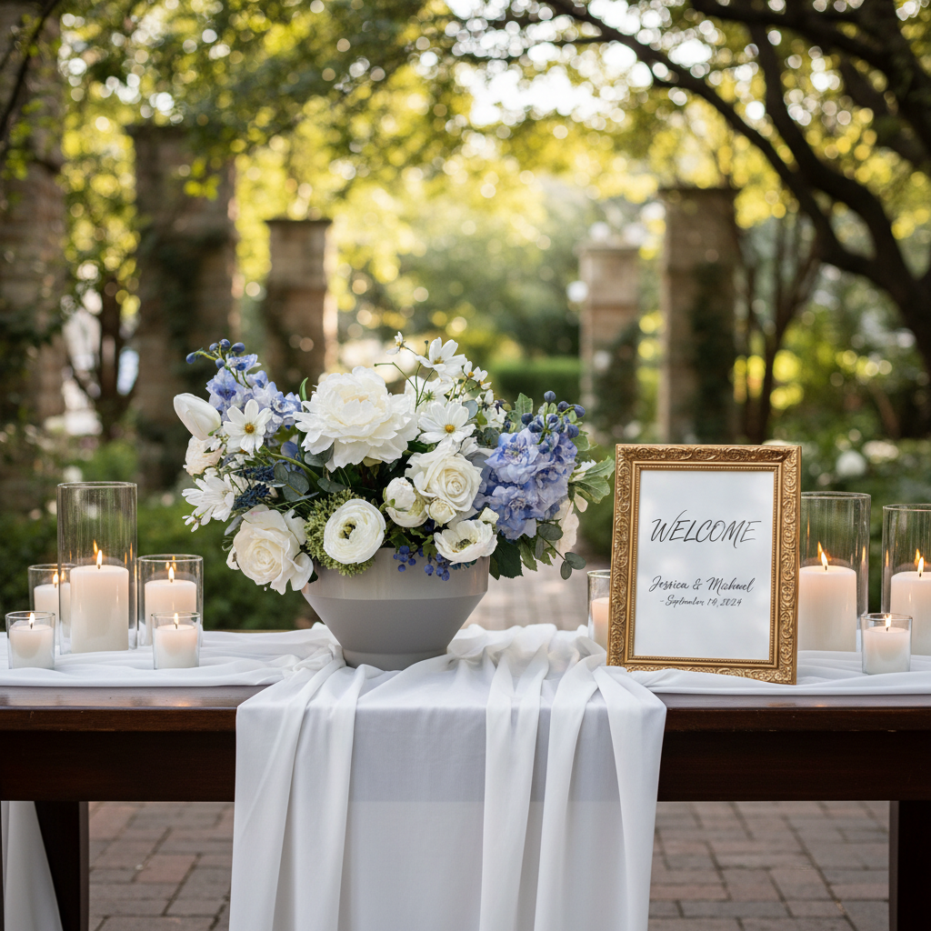Blue Sunshine centerpiece rental with white peonies, blue hydrangea, blue delphinium, white garden roses, and white cosmos in gray bowl vase on elegant wedding welcome table with white linen runner, framed sign, and candles | Reno, Lake Tahoe & Sacramento