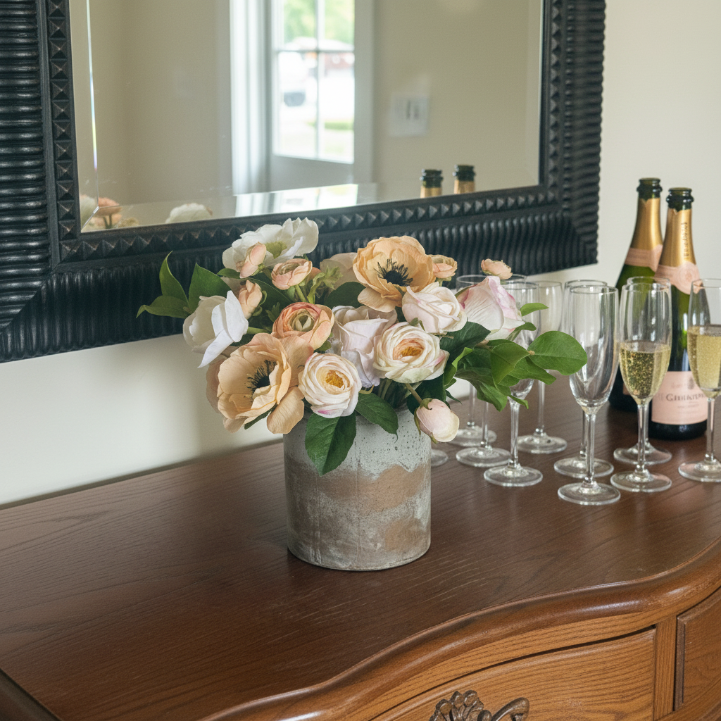Anemone Blush Garden centerpiece rental with blush and peach anemones and ranunculus in rustic concrete vase on elegant wedding bar top with soft warm lighting and champagne glasses in background | Reno, Lake Tahoe & Sacramento