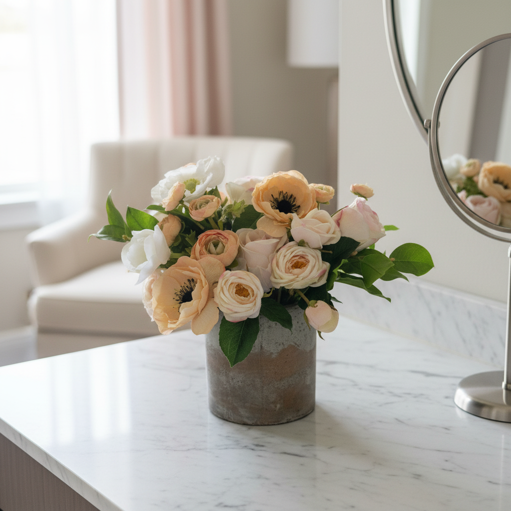Anemone Blush Garden centerpiece rental with blush and peach anemones and ranunculus in rustic concrete vase on white marble vanity in elegant bridal suite with soft natural window light | Reno, Lake Tahoe & Sacramento