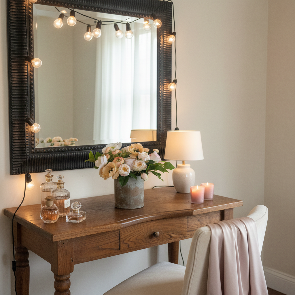 Anemone Blush Garden centerpiece rental with blush and peach anemones and ranunculus in rustic concrete vase on elegant makeup vanity with Hollywood mirror and warm bulb lighting in bridal getting-ready room | Reno, Lake Tahoe & Sacramento