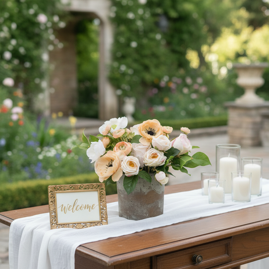 Anemone Blush Garden centerpiece rental with blush and peach anemones and ranunculus in rustic concrete vase on elegant wedding welcome table with white linen runner, framed sign, and candles | Reno, Lake Tahoe & Sacramento