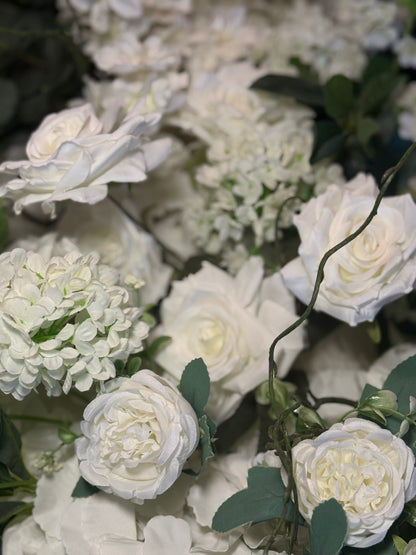 Macro close-up of Daydream flower wall rental blooms with white garden roses, white ranunculus, and eucalyptus vines | Reno, Lake Tahoe & Sacramento