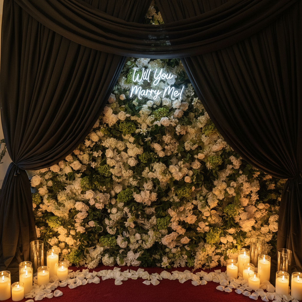 Light-Up LED "Will You Marry Me?" Sign Rental mounted on flowing black spandex drapery backdrop with white rose petals and candles at base in soft romantic lighting | Reno, Lake Tahoe & Sacramento