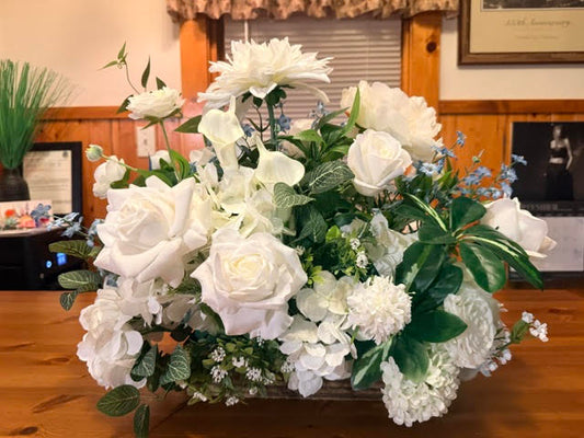 Enchanted Centerpiece close-up with white rose and blue delphinium