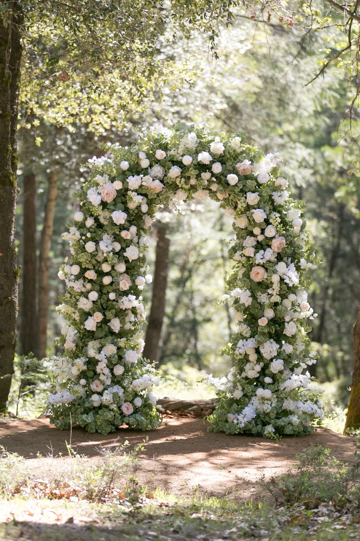 Enchanted circular arch rental fully covered in white and blush roses, peonies, and lush greenery at outdoor pine forest wedding venue | Reno, Lake Tahoe & Sacramento