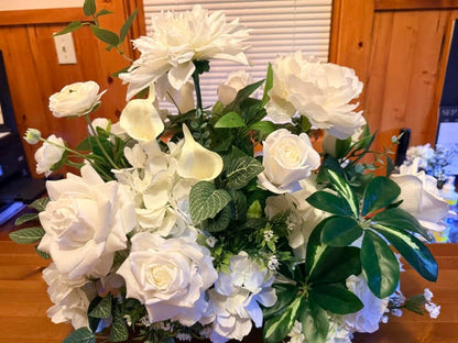 Enchanted Centerpiece showing full height with dahlias and ranunculus