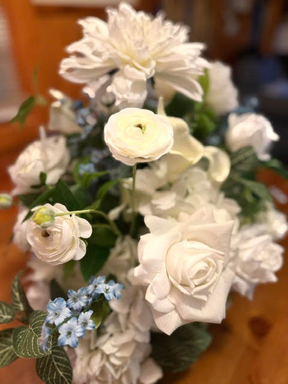 Enchanted Centerpiece wide view showing full arrangement volume with blue accents