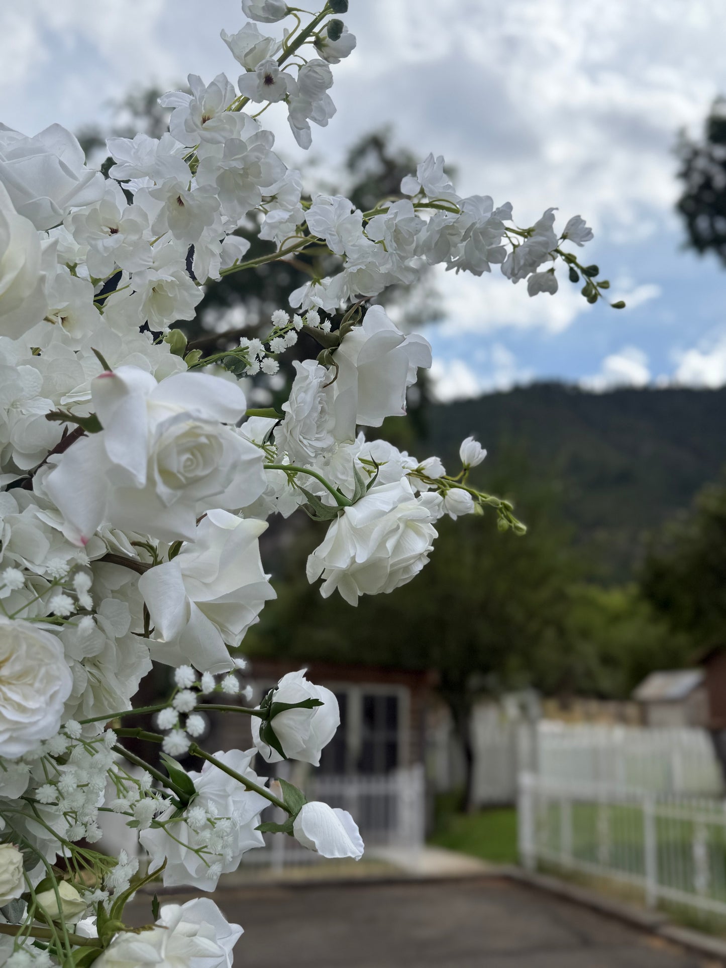 Close-up of Fairytale double moon arch rental blooms with white garden roses, white delphinium, and baby's breath at outdoor mountain wedding venue | Reno, Lake Tahoe & Sacramento