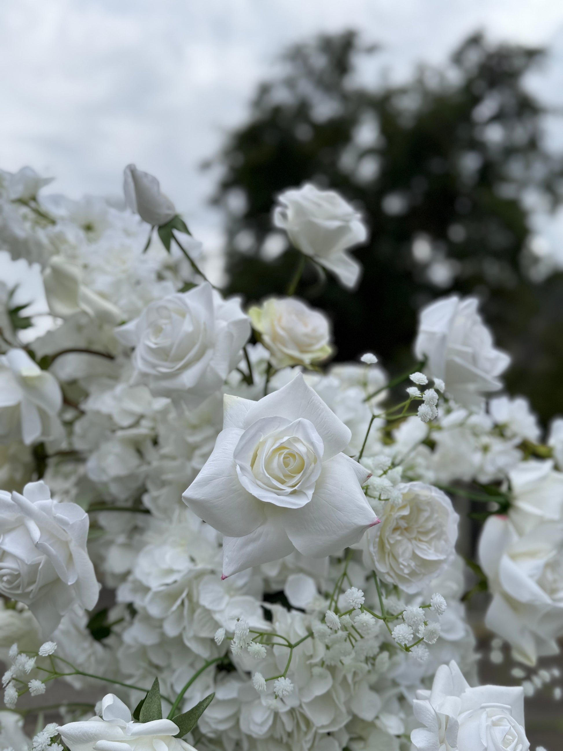Macro close-up of Fairytale double moon arch rental blooms with white garden roses, white hydrangea, and baby's breath at outdoor wedding venue | Reno, Lake Tahoe & Sacramento
