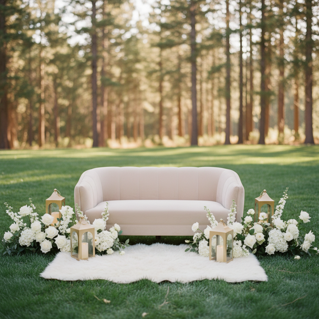 Golden Lantern Rentals set of 3 with glowing flameless pillar candles flanking an elegant cream loveseat wedding lounge vignette on white fur rug, with lush white garden rose and hydrangea ground floral arrangements on each side | Reno, Lake Tahoe & Sacramento