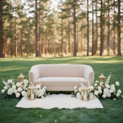 Golden Lantern Rentals set of 3 with glowing flameless pillar candles flanking an elegant cream loveseat wedding lounge vignette on white fur rug, with lush white garden rose and hydrangea ground floral arrangements on each side | Reno, Lake Tahoe & Sacramento