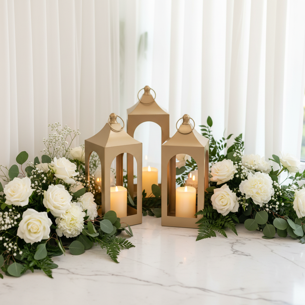 Golden Lantern Rentals set of 3 with glowing flameless pillar candles arranged as elegant wedding corner vignette on white marble floor with lush white floral arrangements, greenery, and white drapery in background | Reno, Lake Tahoe & Sacramento