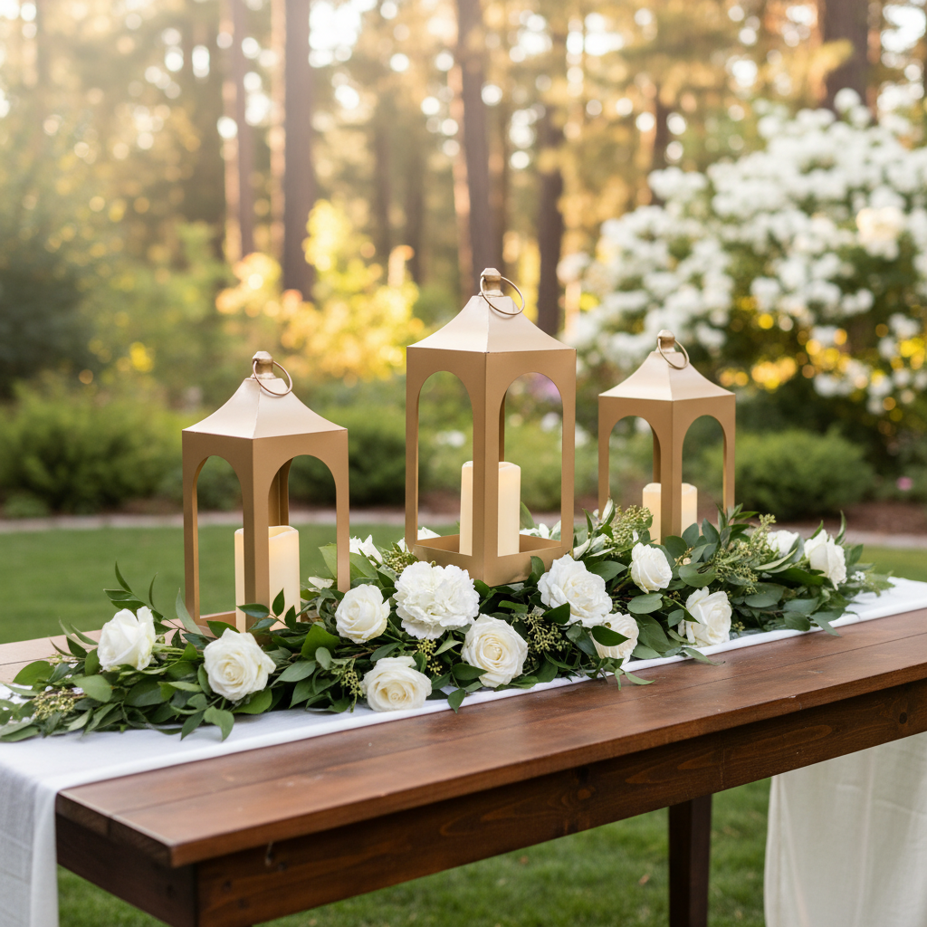 Golden Lantern Rentals set of 3 with glowing flameless pillar candles styled on rustic wooden wedding welcome table with white linen runner, white florals, and greenery garland in golden hour light | Reno, Lake Tahoe & Sacramento