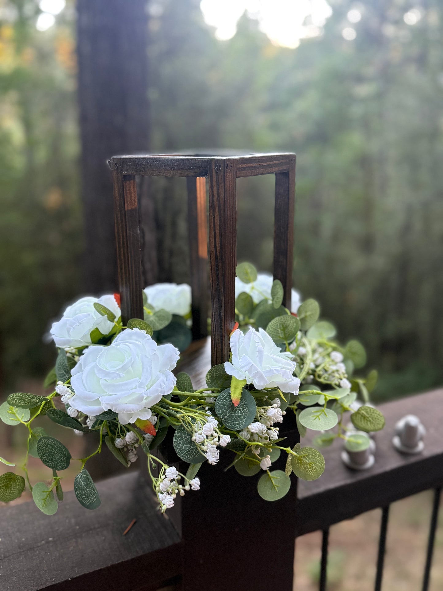 (4) Wood Structure Centerpieces Surrounded with White Faux Roses and Greenery with White Candles