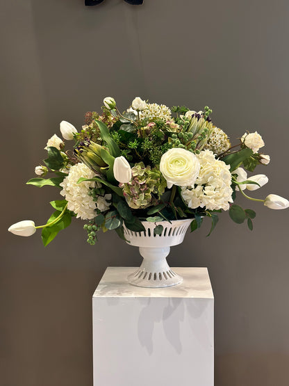 White & Green Floral Arrangement in Classic Pedestal Vase- Large stationary arrangement
