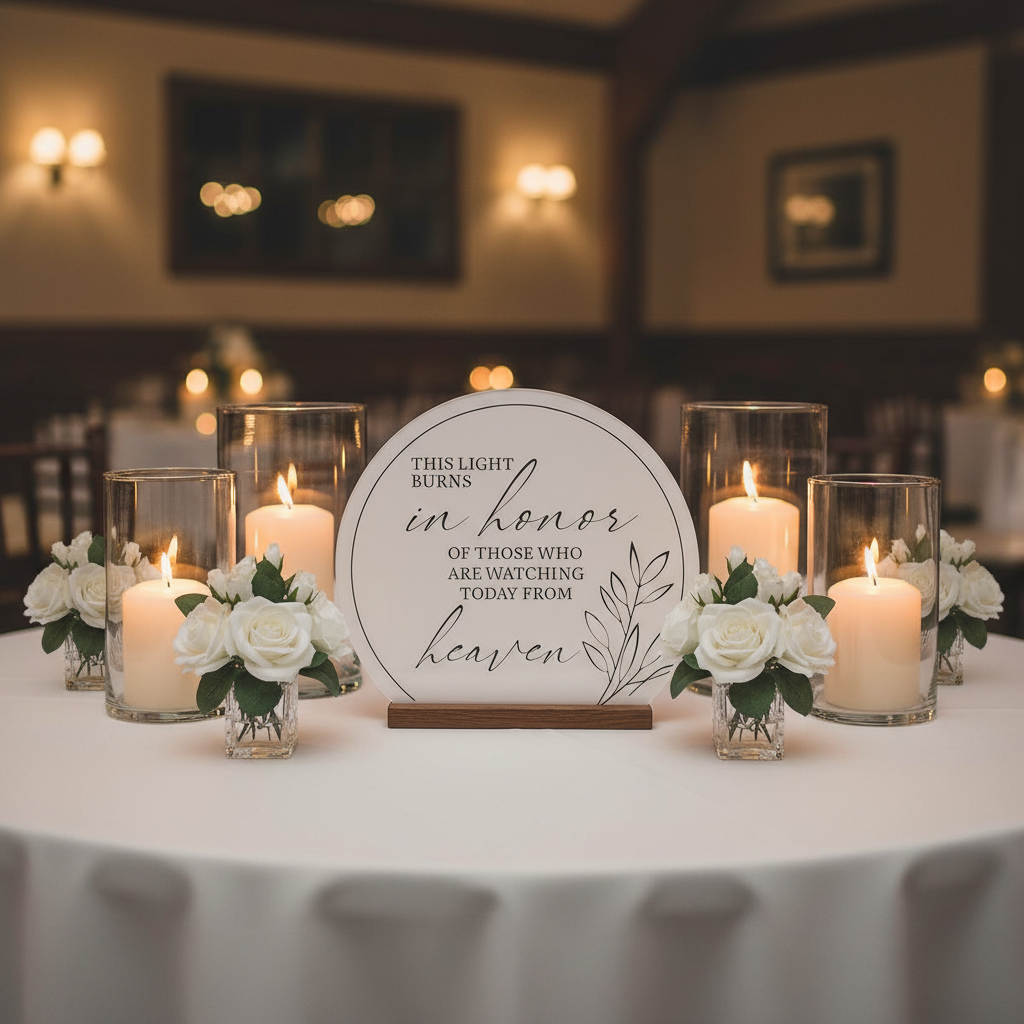 In Memory Sign Rental with Candle displayed on elegant wedding reception table with white linen surrounded by white rose bud centerpiece arrangements in crystal vases and white pillar candles in glass hurricane vases in warm romantic candlelit lighting | Reno, Lake Tahoe & Sacramento