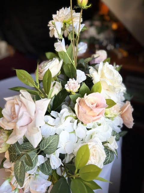 Love Story Centerpiece close-up detail, blush roses and hydrangea