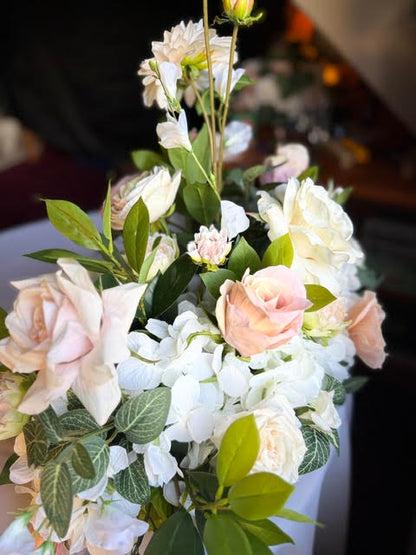 Love Story Centerpiece close-up detail, blush roses and hydrangea