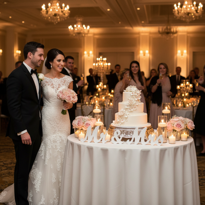 Mr & Mrs Wood Sign Rental displayed beside two-tier white wedding cake with blush rose cylinder vase arrangements and flameless candles with couple at indoor ballroom wedding reception in warm candlelit lighting | Reno, Lake Tahoe & Sacramento