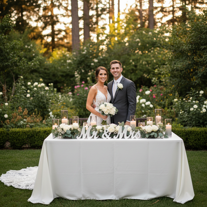 Mr & Mrs Wood Sign Rental on sweetheart table with white rose and greenery cylinder vase arrangements and flameless candles with bride and groom standing at outdoor garden wedding reception in golden hour lighting | Reno, Lake Tahoe & Sacramento