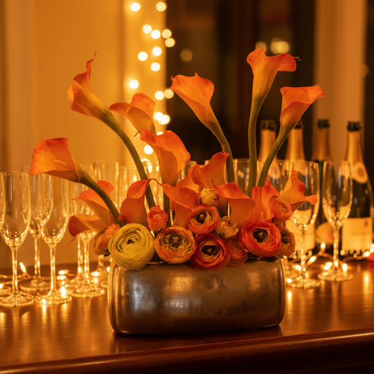 Orange Calla Lily centerpiece rental with orange calla lilies and ranunculus in silver metallic vase on elegant wedding bar top with warm amber lighting and champagne glasses in background | Reno, Lake Tahoe & Sacramento