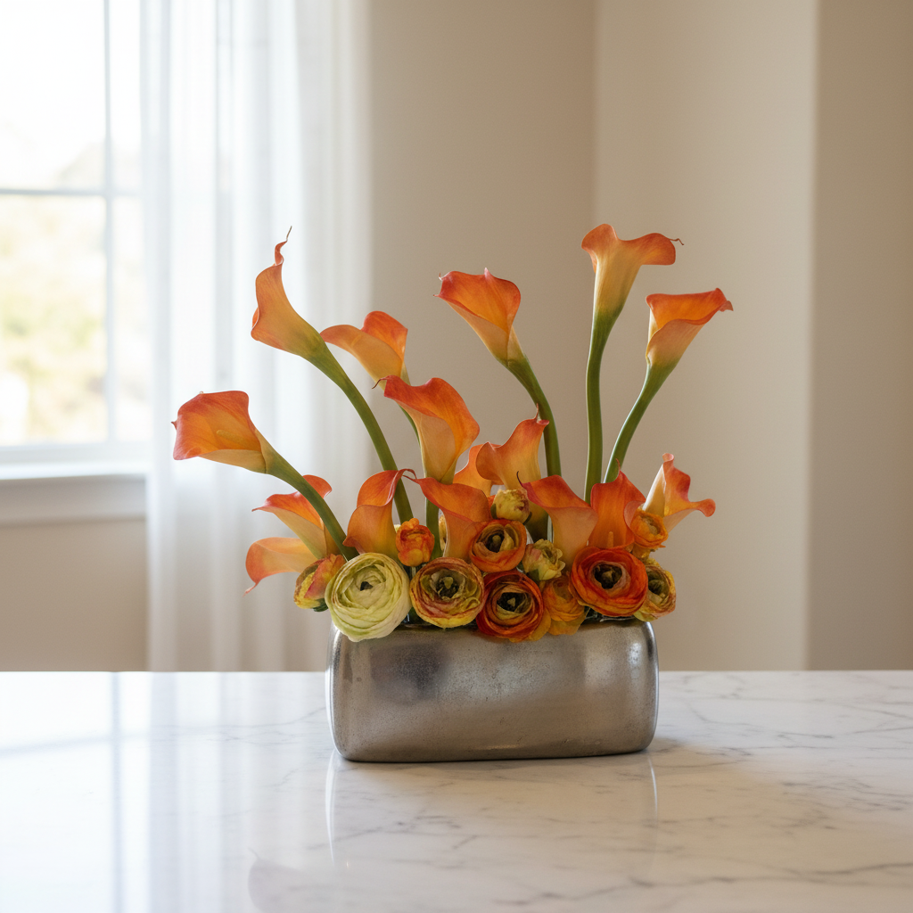 Orange Calla Lily centerpiece rental with orange calla lilies and ranunculus in silver metallic vase on marble vanity in elegant bridal suite with soft warm window light | Reno, Lake Tahoe & Sacramento