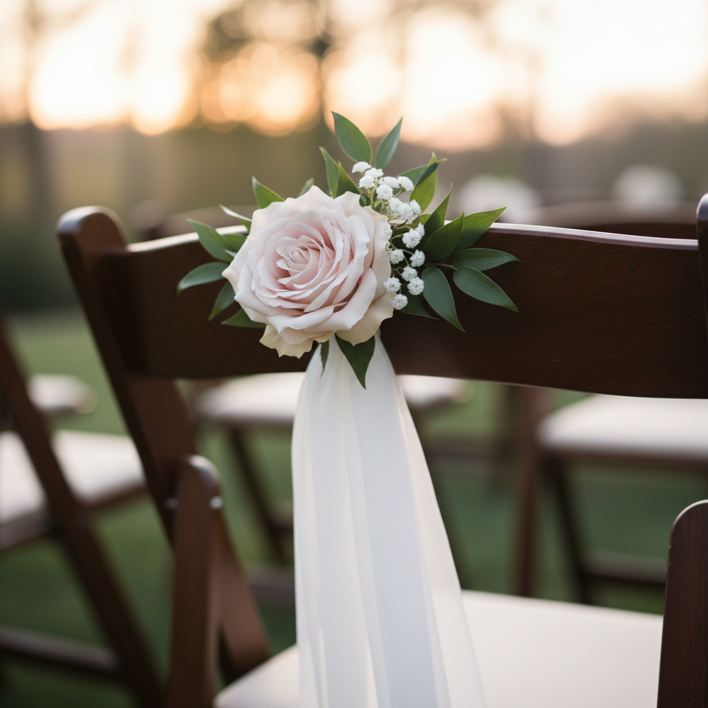 Close-up of Pink Rose Aisle Chair tie Flower Rental with single blush garden rose and green leaves tied with flowing white chiffon ribbon on dark wood folding wedding chair | Reno, Lake Tahoe & Sacramento