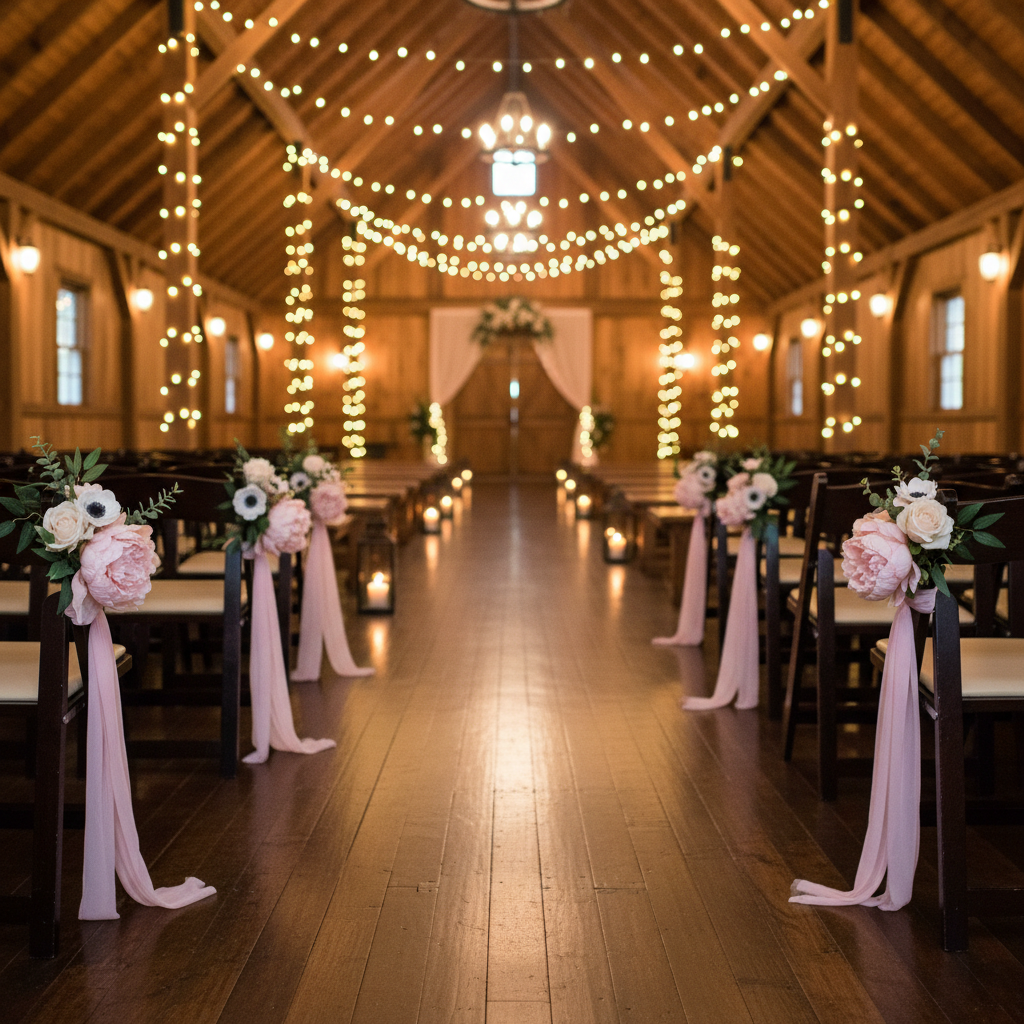 Pink Rose & Dahlia Aisle Chair Flower Rentals set of 12 with blush pink rose, peony, and anemone clusters with lush greenery tied with flowing light blush pink chiffon ribbons on dark wood folding chairs lining elegant indoor barn wedding ceremony aisle with warm twinkle lights | Reno, Lake Tahoe & Sacramento