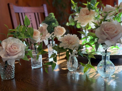 (12) Pink Rose, Ranunculus and Dahlia centerpiecese