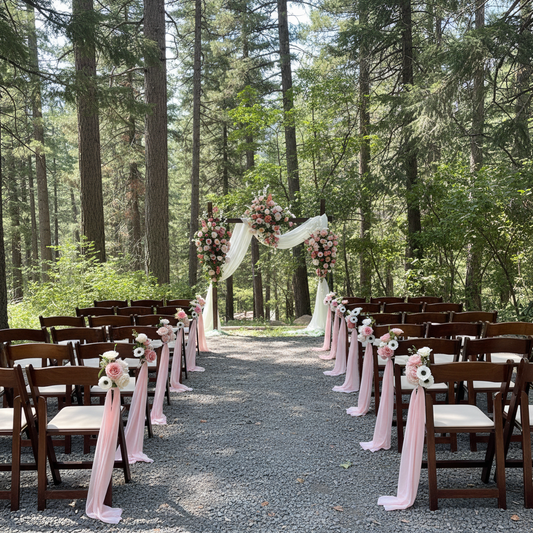 Pink Rose & Dahlia Aisle Chair Flower Rentals set of 12 with blush pink rose and anemone clusters tied with flowing light pink chiffon ribbons on dark wood chairs lining outdoor forest wedding ceremony aisle with Delicate Arch Adornment featuring three separate blush pink rose and coral floral cluster arrangements at top and sides | Reno, Lake Tahoe & Sacramento