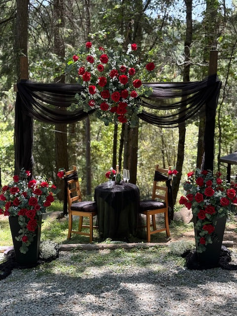 Red rose arch adornment rental with black drapery draped over wooden arch at outdoor forest wedding ceremony with pine tree backdrop | Reno, Lake Tahoe & Sacramento