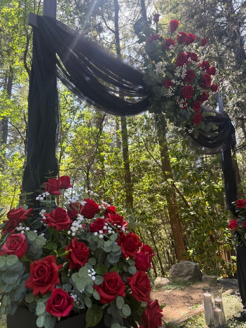 Red rose arch adornment rental with black drapery draped over wooden arch at outdoor forest wedding ceremony with pine tree backdrop | Reno, Lake Tahoe & Sacramento
