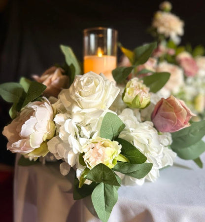 Small Love Story Centerpiece, dark backdrop with candle
