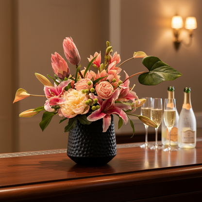 Tropical Blush centerpiece rental with pink stargazer lilies, blush protea, peach garden roses, blush peonies, and hypericum berries in textured black vase on elegant wedding bar top with warm ambient lighting and champagne glasses in background | Reno, Lake Tahoe & Sacramento