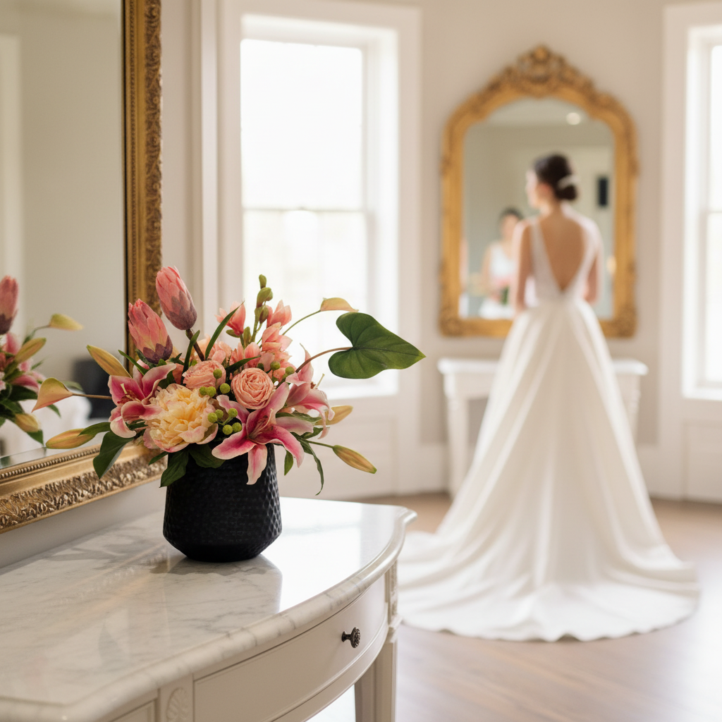 Tropical Blush centerpiece rental with pink stargazer lilies, blush protea, peach garden roses, blush peonies, and hypericum berries in textured black vase on vanity in elegant bridal suite with bride in white gown reflected in mirror | Reno, Lake Tahoe & Sacramento