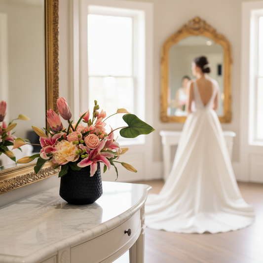 Tropical Blush centerpiece rental with pink stargazer lilies, blush protea, peach garden roses, blush peonies, and hypericum berries in textured black vase on vanity in elegant bridal suite with bride in white gown reflected in mirror | Reno, Lake Tahoe & Sacramento