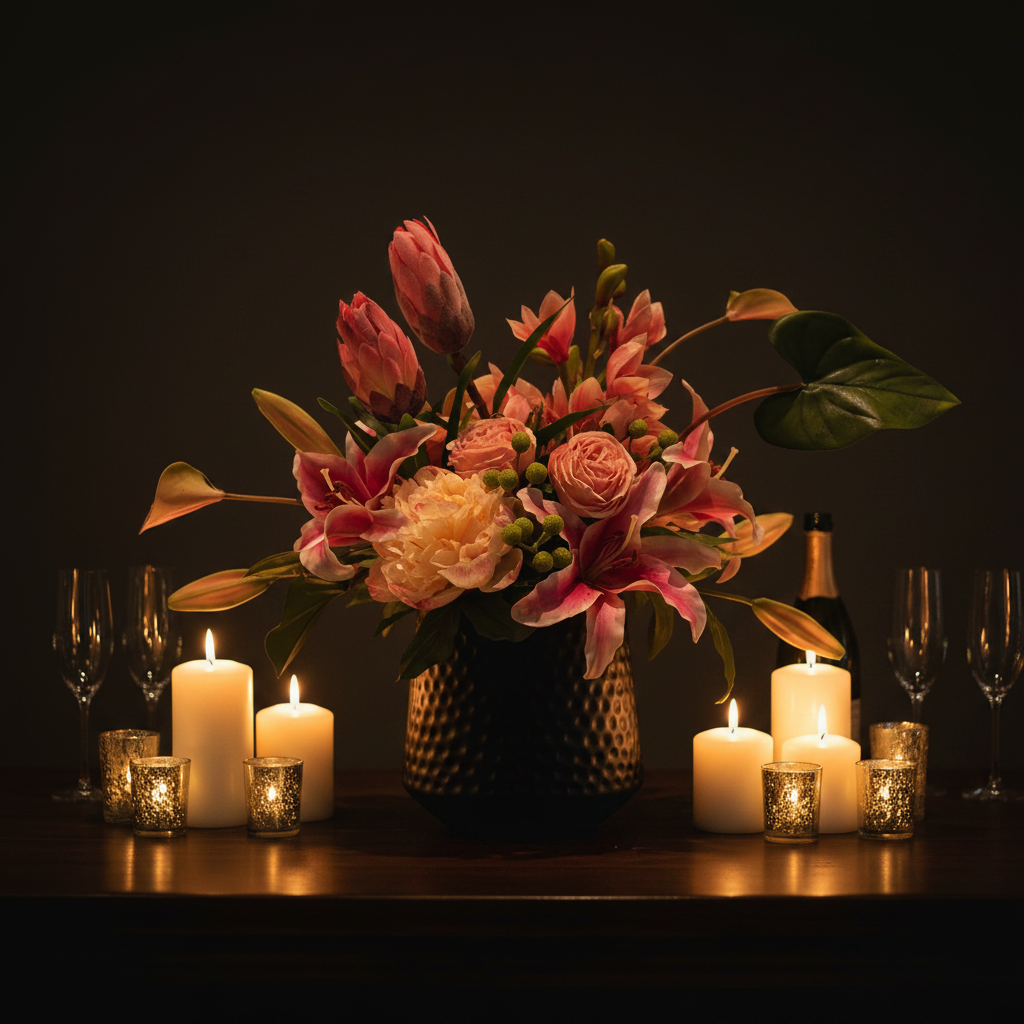 Tropical Blush centerpiece rental with pink stargazer lilies, blush protea, peach garden roses, blush peonies, and hypericum berries in textured black vase on elegant wedding bar top with soft candlelight, pillar candles, votives, and champagne glasses | Reno, Lake Tahoe & Sacramento