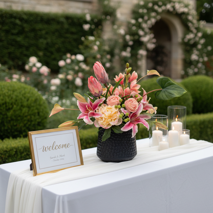 Tropical Blush centerpiece rental with pink stargazer lilies, blush protea, peach garden roses, blush peonies, and hypericum berries in textured black vase on elegant wedding welcome table with white linen runner, framed sign, and candles | Reno, Lake Tahoe & Sacramento