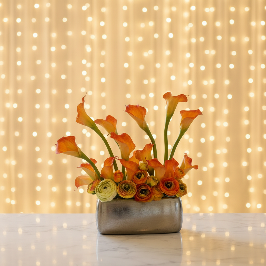 12-Foot Twinkle Curtain Light Rentals as warm glowing backdrop behind orange calla lily and ranunculus floral arrangement in silver vase on white marble surface | Reno, Lake Tahoe & Sacramento