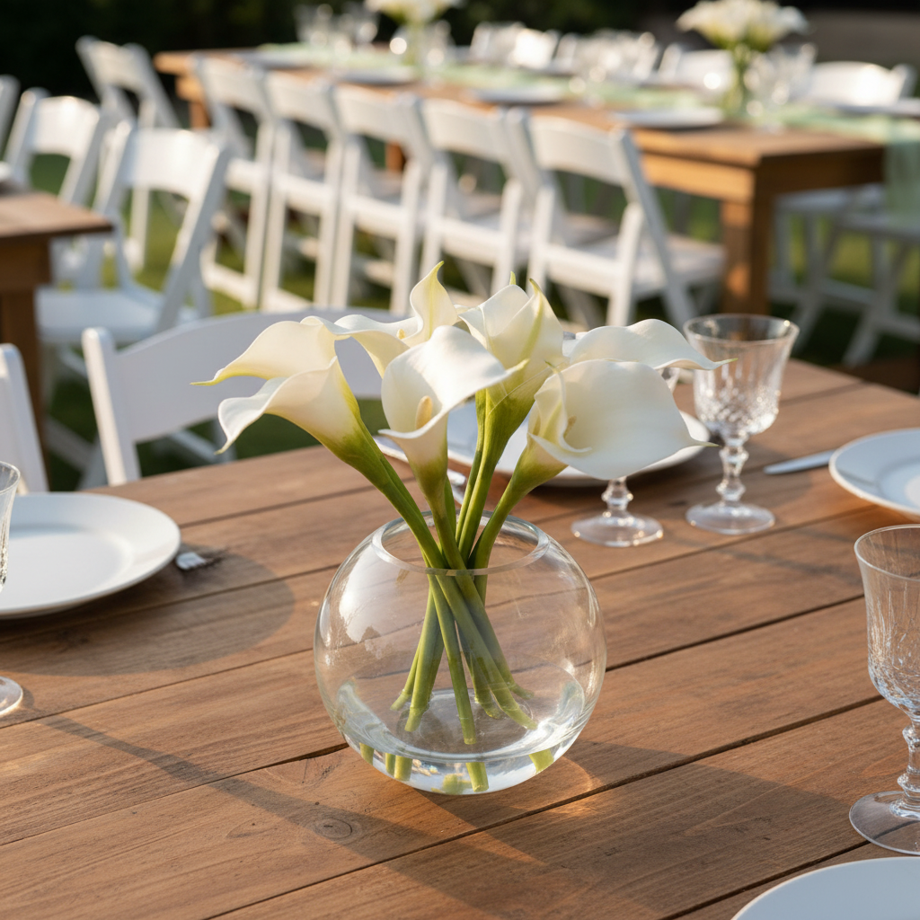 White Calla Lily centerpiece rental in round glass bubble vase on rustic wood farm table at outdoor garden wedding reception with golden hour light | Reno, Lake Tahoe & Sacramento