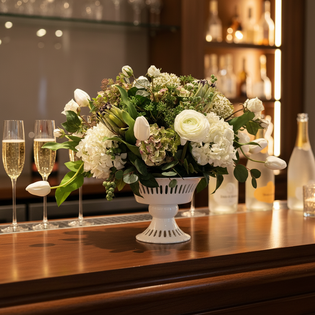 White Garden centerpiece rental with white ranunculus, white hydrangea, white tulips, artichoke blooms, and lush greenery in white lattice compote vase on elegant wedding bar top with warm lighting and champagne glasses in background | Reno, Lake Tahoe & Sacramento