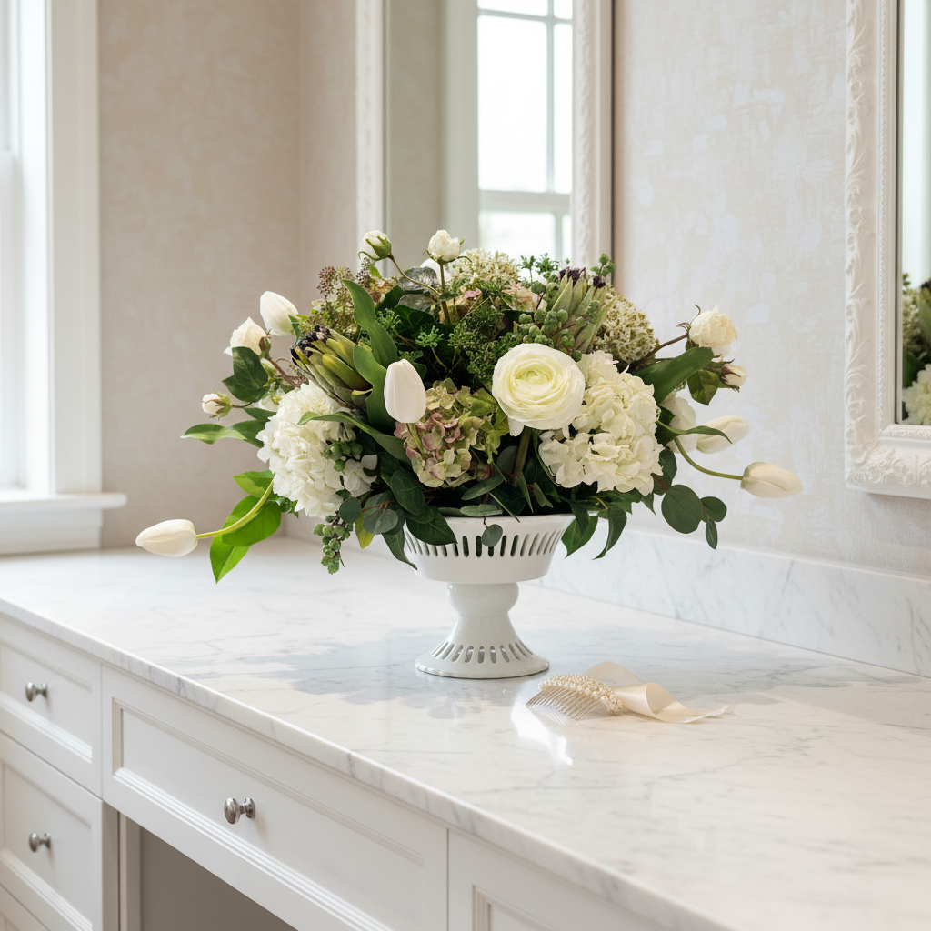 White Garden centerpiece rental with white ranunculus, white hydrangea, white tulips, artichoke blooms, and lush greenery in white lattice compote vase on white marble vanity in elegant bridal suite with soft natural window light | Reno, Lake Tahoe & Sacramento