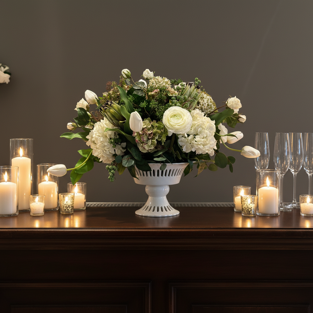 White Garden centerpiece rental with white ranunculus, white hydrangea, white tulips, artichoke blooms, and lush greenery in white lattice compote vase on elegant wedding bar top with soft candlelight, pillar candles, votives, and champagne glasses | Reno, Lake Tahoe & Sacramento