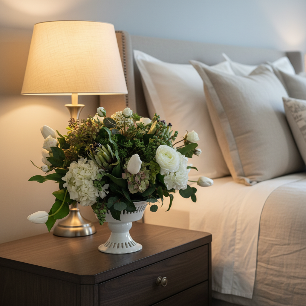 White Garden centerpiece rental with white ranunculus, white hydrangea, white tulips, artichoke blooms, and lush greenery in white lattice compote vase on wood nightstand in elegant guest room with soft warm lamp light and neutral linen bedding | Reno, Lake Tahoe & Sacramento